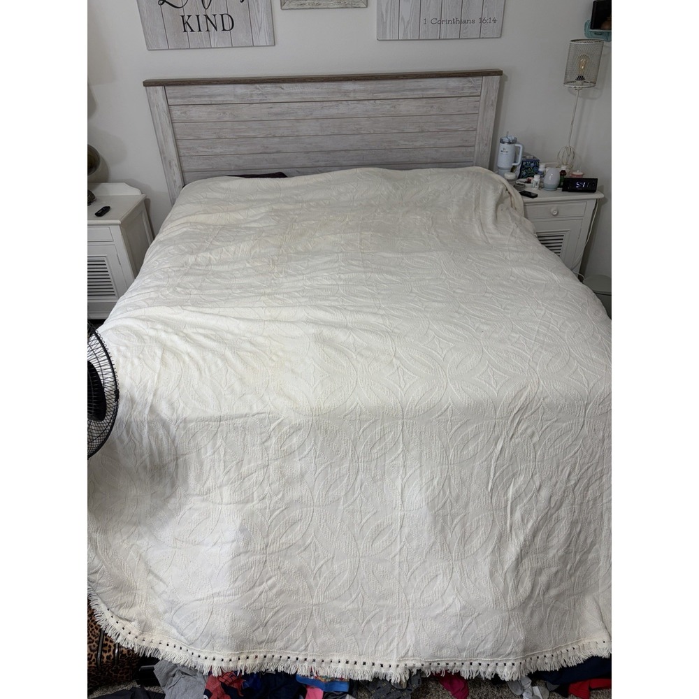 Vtg. KING Bedspread Crown Crafts WOVEN Ivory Cotton 112"x108" Chenille Wedding - Picture 2 of 9